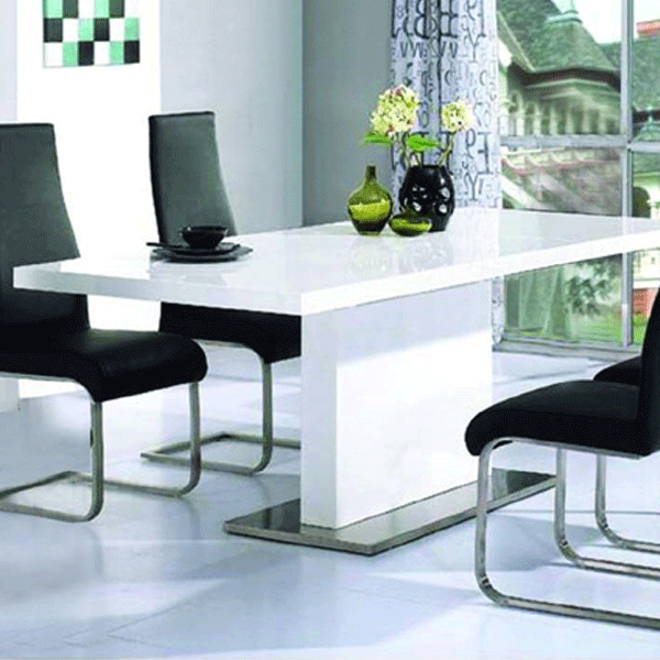Helston Chaffee White High Gloss Dining Table with Stainless Steel Base - Sigrid Mills