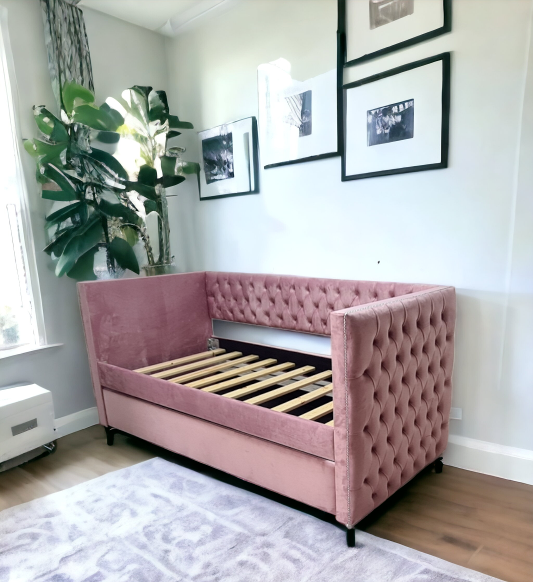Flaoki Plush Velvet Upholstered Single Trundle Sofa Bed Daybed - Pink - Bedroom & More